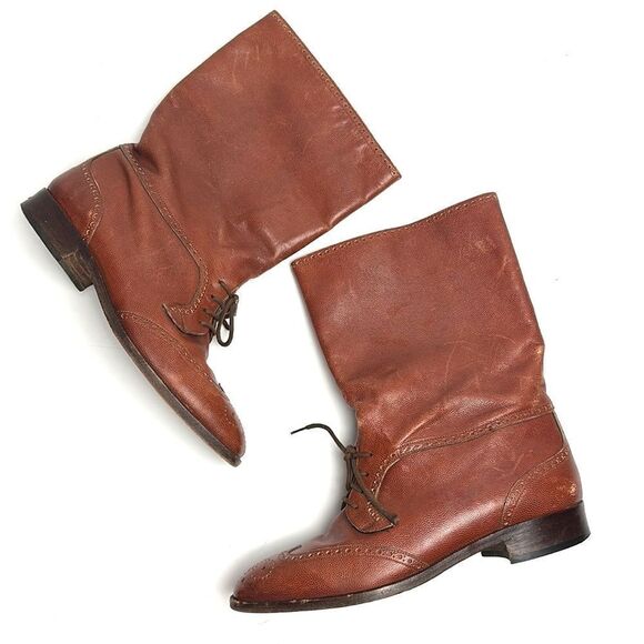 Vintage Fratelli Rosetti Italy Cognac Leather Wingtip Ankle Boots IT 38,5 US 8 - Picture 4 of 16